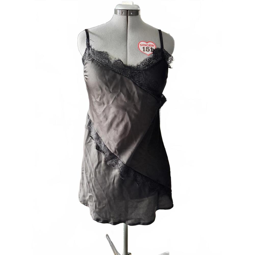 Black Satin Dress with Lace Trim